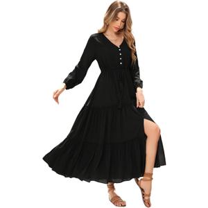 R.Vivimos Maxi Dress for Women Long Sleeve V Neck Drawstring Button Up Casual Split Flowy Dress (Medium, Black)