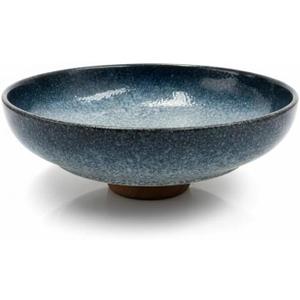 Ceramic Fruit Bowl for Kitchen Counter - 10" Decorative Bowl, Acacia wood baseLarge Decorative Bowls for Home Decor - Modern Key Bowl for Entryway Table - Pedestal Bowl for Keys Blue