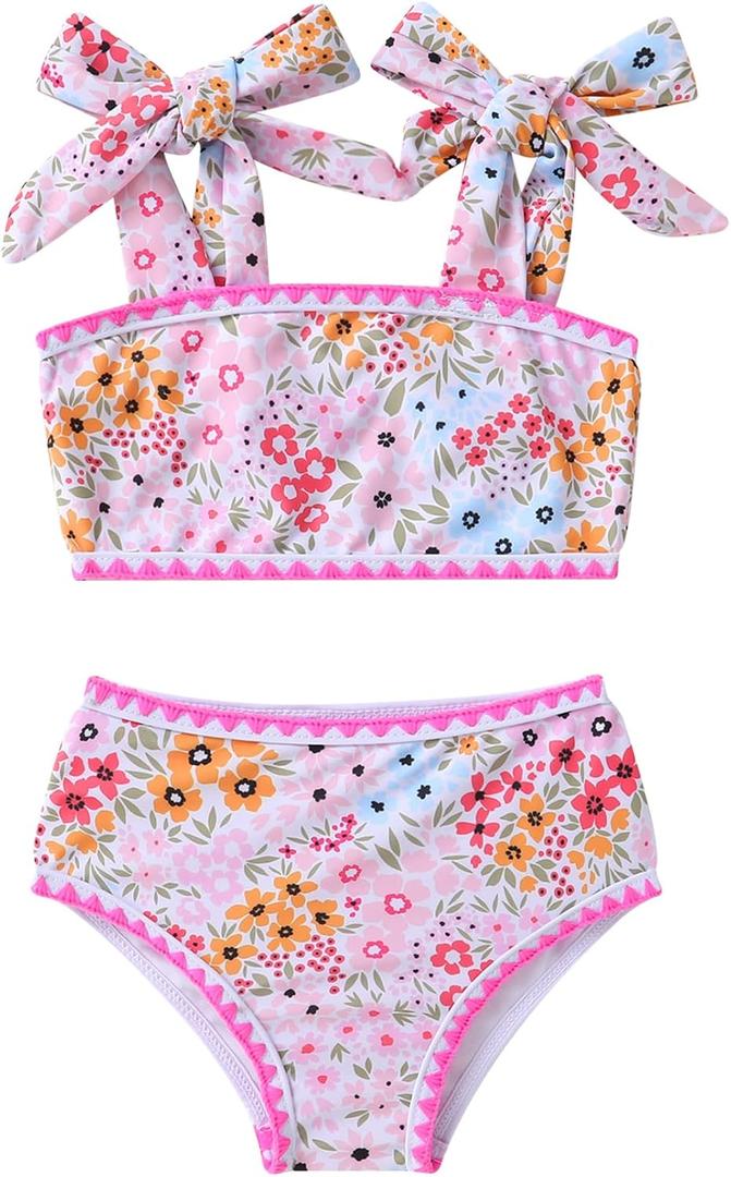 YOUNGER TREE Toddler Girls Two Pieces Swimsuit Color Block Stripe Swimwear Summer Beach Bathing Suit 18M-5T (6-7 Years, Pink Flower Bud)