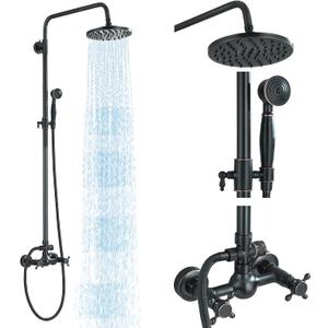 Rain Shower System Oil Rubbed Bronze Outdoor Shower Faucet Set with 8 Inch Rainfall Shower Head Handheld Spray 2 Cross Handles Wall Mounted Bathroom Shower Fixtures Solid Brass