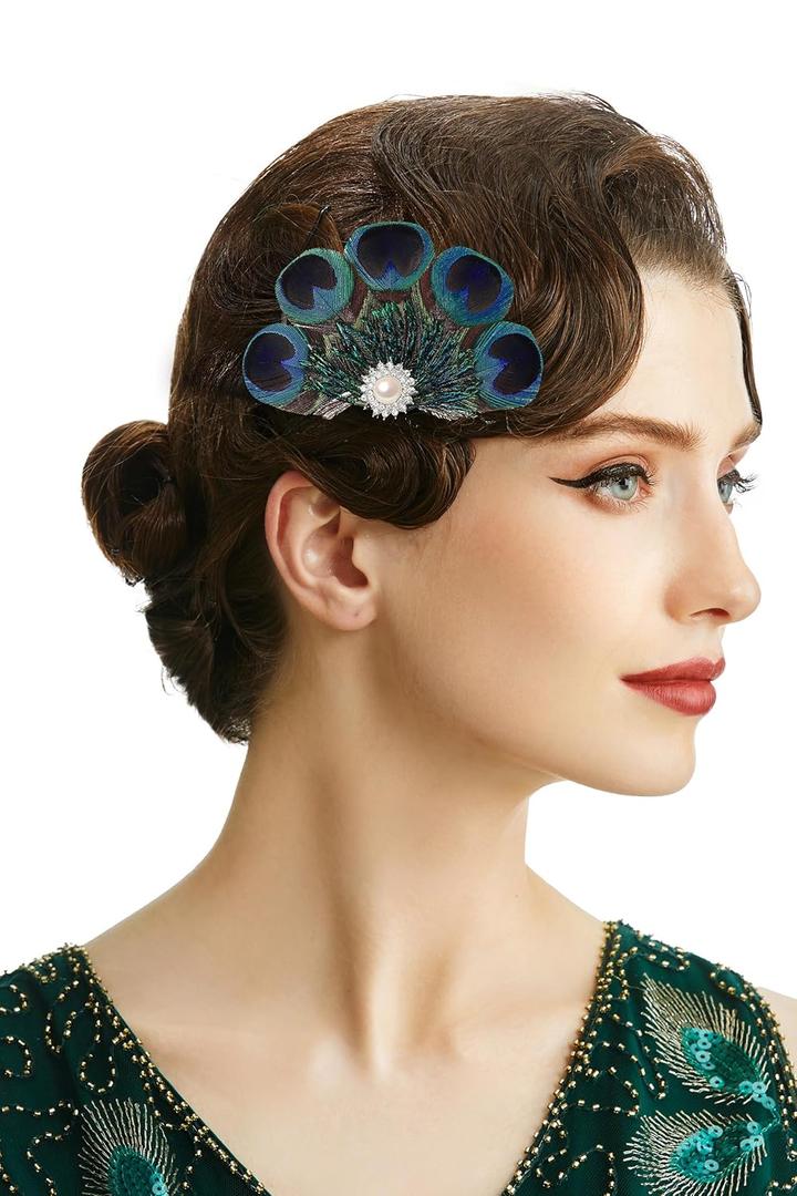 BABEYOND Peacock Feather Hair Clip Peacock Fascinator with Rhinestones Roaring 20s Peacock Flapper Fascinator 1920s Headpiece (Green)