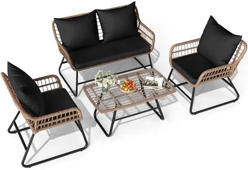 YITAHOME Outdoor Patio Conversation Set 4 Pieces, Wicker Furniture with Soft Cushion & Coffee Table, Rattan Bistro Set Patio Set Chairs with Side Table for Backyard, Balcony, Deck, Black