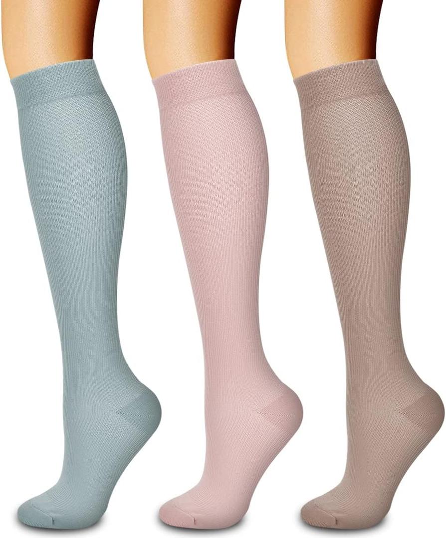 Laite Hebe 3 Pack Medical Compression Sock-Compression Sock for Women and Men-Best for Running,Nursing,Sports (Large-X-Large, 14-blue Grey/Pink/Light Brown)