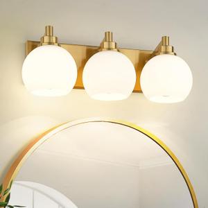 Bathroom Light Fixtures, 3-Light Brushed Gold Vanity Light, Modern Wall Sconces with Milk White Globe Glass Shade, Vanity Lighting Fixtures Over Mirror, VL195-BG-ML-3