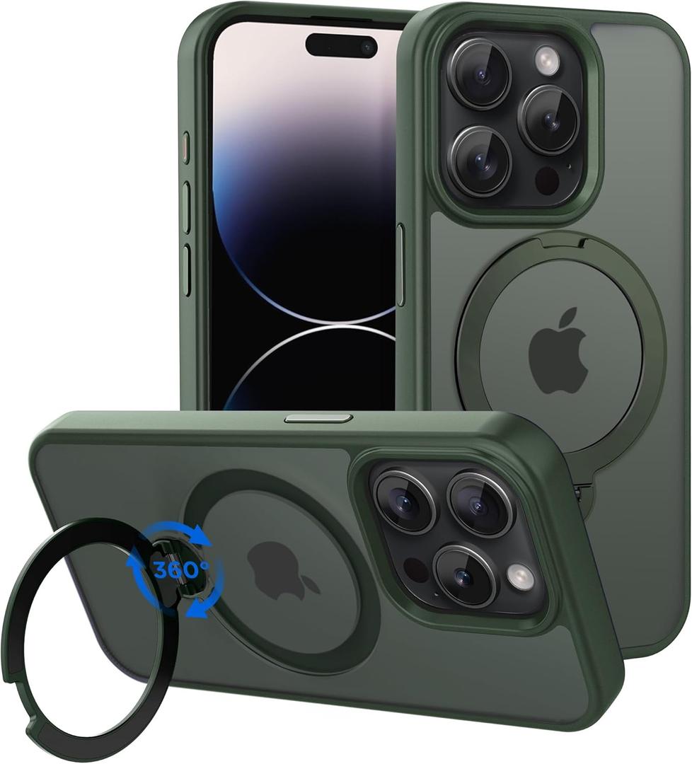 CACOE Magnetic Case for iPhone 14 Pro 6.1 inch with 360 Rotatable Ring Stand, Compatible with MagSafe Car Phone Mount, Cases Cover Phone Holder for Desk Meeting/VideosDark Green