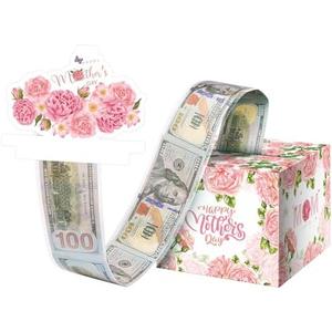 Pack Of 3 Jaywayang Mother's Day Money Box for Gift, Surprise Money Gift Box with Card and Cash Holder for Mom Grandmother, DIY Fun Mother's Day Cash Box, Includes 50Pcs Transparent Bags Pink Flower