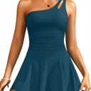 One Piece Tummy Control Swimdress - Women One Shoulder Bathing Suit with Skirt 2025 Modest Skirted Swim Dress Swimsuit (Small, Teal)