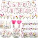 Teenyyou 148 Pcs Wildflower Party Decorations Flower Happy Birthday Baby Shower Banner Disposable Tablecloths Plates Cups Napkins Forks Spoons Floral Party Decor for Spring Birthday Decorations