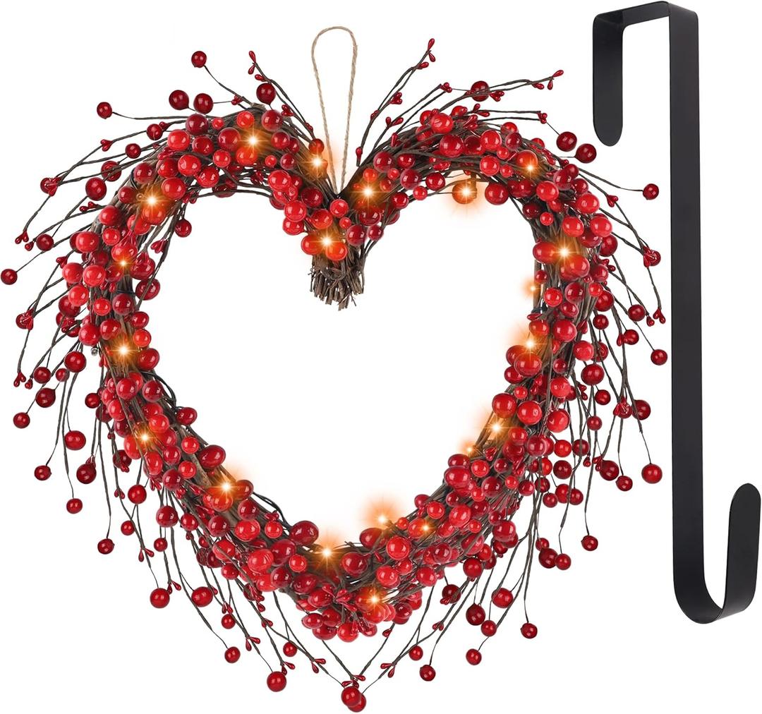 DR.DUDU Valentine's Day Wreath, 15" LED Lighted Red Berry Heart Shaped Valentines Wreaths for Front Door, Battery Operated Artificial Wreaths Home Decoration for Outdoor Indoor Wall Mantel