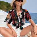 Hawaiian Shirts for Women Soft Cool Summer Hawaiian Shirt Floral Tropic Print Tees V Neck Button Up Short Sleeve Top (Black, L)