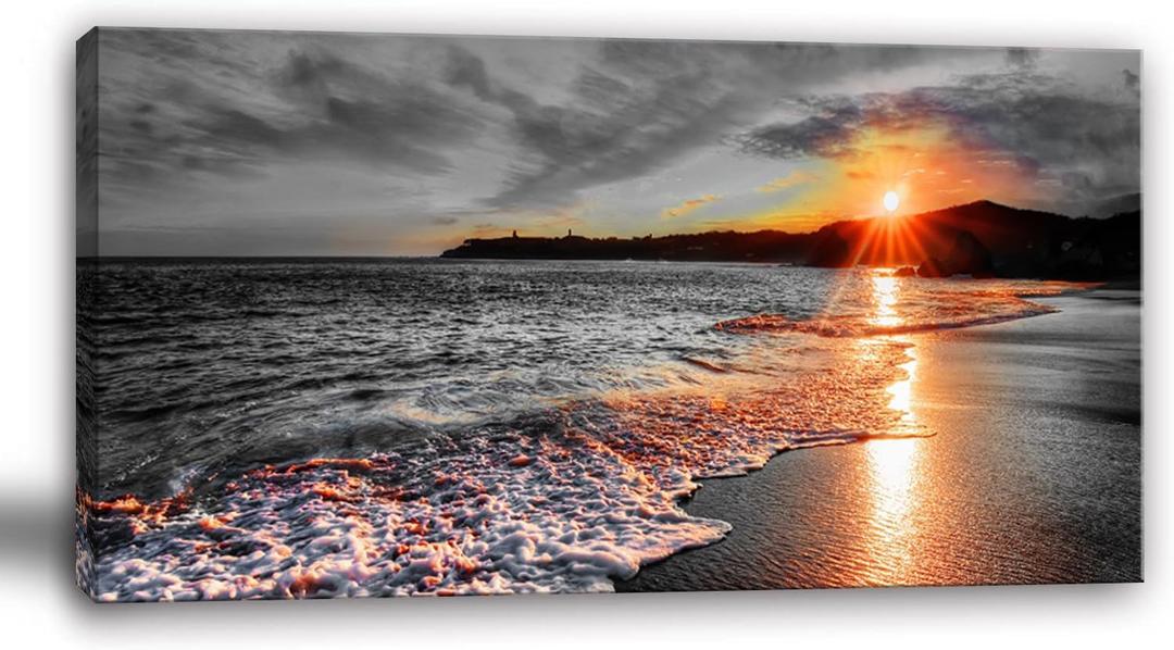 Yxbhhym-Large Canvas Wall Art Living Room Black and White Beach Wall Decor for Bedroom Landscape Ocean Room Decor Sea Sunset Paintings Seascape Prints Art Office Artwork Morden Framed Decorations, 60"L x 30"W