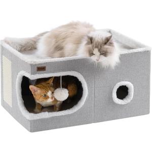 Cat Bed for Indoor Cats Cube House, Covered Cat Cave Beds & Furniture with Scratch Pad and Hideaway Tent, Cute Modern Cat Condo for Multi Small Pet Large Kitten Kitty, Large, Grey (23.6"D x 16.5"W x 13"H)