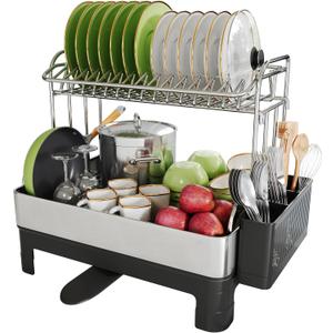 Extra Large Two Tier Stainless Steel Dish Drainer Drying Rack with Drainboard for Kitchen Counter, Modern Black and Silver, Rust Proof Metal, Space Saving Double Countertop Big Plates Dryer and Tray