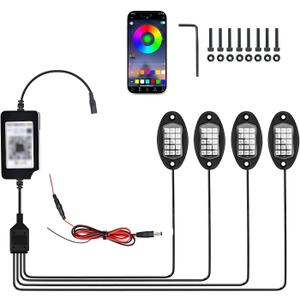 4 PCS RGB LED Rock Lights, LEDs High Brightness Waterproof Neon underglow Kit with Bluetooth App Control Flashing Music Mode, Wheel Well Light for Trucks, SUV, Golf Cart, ATV, Pickup