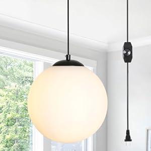 Loyled Globe Plug-in Pendant Lights - Black Mid Century Light Fixture with Milk Glass, Modern Ceiling Chandelier, Large Hanging Pendant Light for Kitchen, Bedroom, Living Room, Dinning Room, Hallway