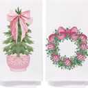 Chinoiserie Christmas Kitchen Towels, Pink Bow Coquette Christmas Tree Dish Towels for Kitchen Bathroom, Pink Christmas Hand Towels for Bathroom Kitchen, Grandmillennial Decor,16x24 Inches Set of 2