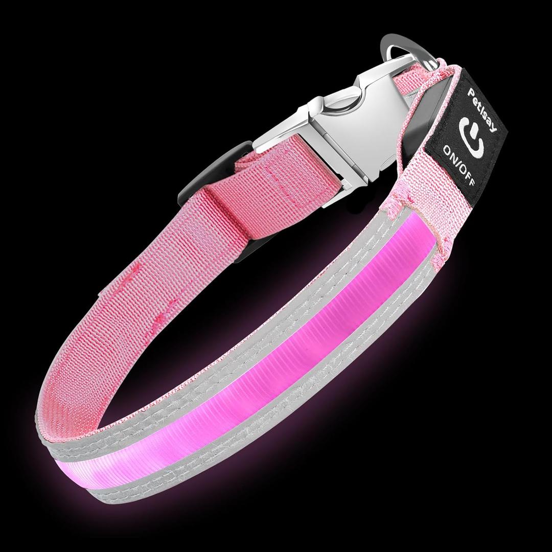 PetIsay Dog Light up Collar with Metal Buckle - Ultimate Reflective LED Dog Collar Rechargeable/Waterproof(Pink,L)