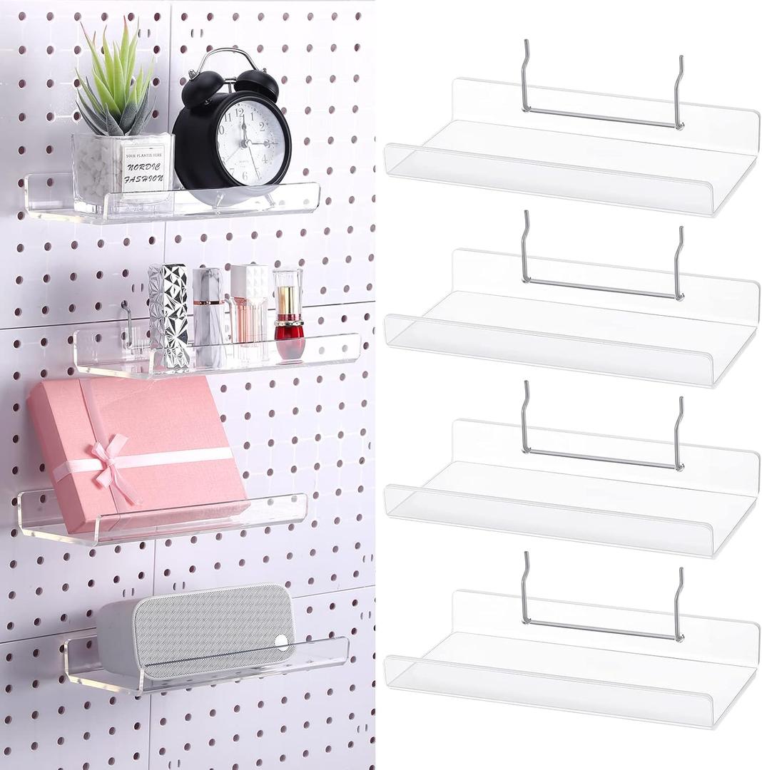Lounsweer 4 Set Pegboard Shelf Acrylic with Metal Hooks Organizer Accessories Storage for Pegboard Display Wall Craft Room Home Garage Nursery Kitchen(Clear,8 x 4 Inch)
