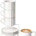 LE TAUCI 8 oz Stackable Latte Cups with Saucers and Stand, Set of 4, Large Ceramic Coffee Cup and Saucer Set for Tea, Cafe Au Lait, Microwave & Oven Safe  Embossed White