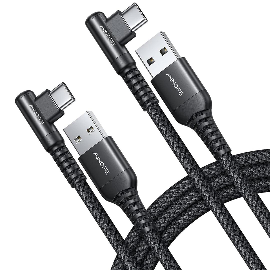 AINOPE USB C Cable Right Angle (2-Pack, 10ft+10ft) 3.1A Type C Charger Fast Charging, Resistant Nylon Braided USB A to USB C Charger Cable (Black)