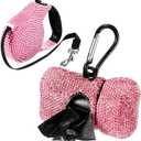 LEIFIDE 2 Pack Rhinestone Retractable Dog Leash and Bag Holder Set Pink Bling Bone Shaped Pet Waste Bags Dispenser with Metal Clip Heavy Duty Dog Leash for Most Puppy