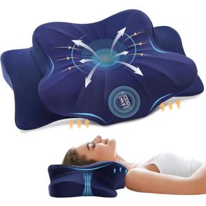 Memory Foam Cervical Pillow for Neck and Shoulder, Ergonomic Contour Cervical Neck Pillow for Sleeping, Cooling Neck Support Pillows for Side Back Stomach Sleeper King Size Deep Blue