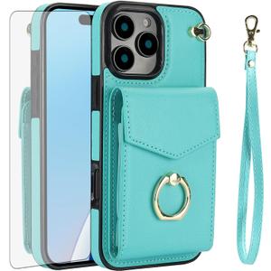 Asuwish Compatible with iPhone 16 Pro 6.3 inch Wallet Case Tempered Glass Screen Protector and RFID Blocking Ring Credit Card Holder Leather TPU Cell Phone Cover for i Phone16 i16 16Pro Women Men Teal