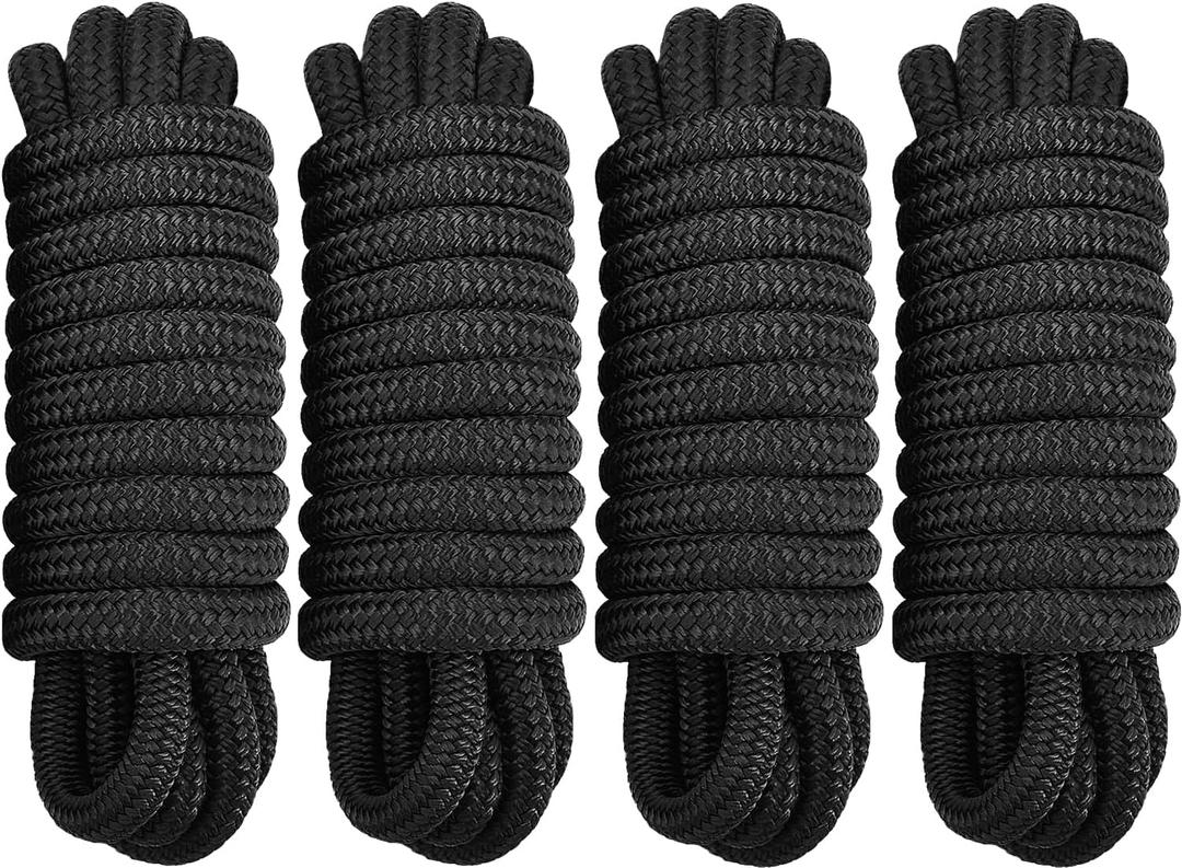 4 Pack 1/2" x 20' Dock Lines - Marine Grade Nylon Boat Ropes with 12" Eyelet for Docking and Mooring - Double Braided Boat Lines, High Strength, Easy Handling, Fray Resistant - Black