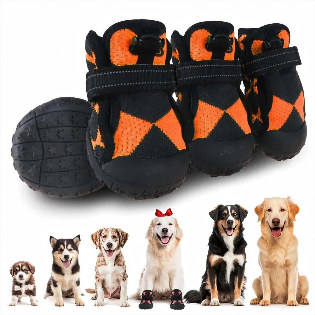 Dog Shoes for Large Small Medium Dogs,Waterproof Dog Boots & Paw Protectors with Breathable Mesh for Summer Hot Pavement,Anti-Slip Dog Booties for Hiking Hardwood Floors Winter Snow (Orange-8)