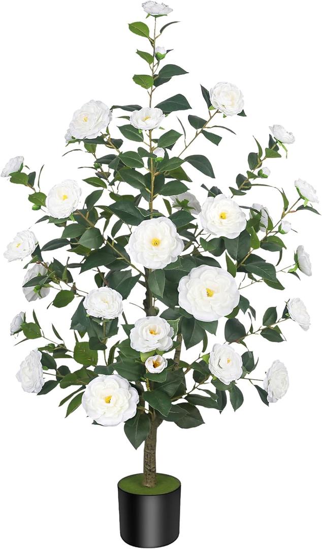 1Pack 47.24"/3.94FT Artificial Camellia Trees with 36 White Flowers in Cement Pots  Lifelike Fake Trees for Front Porch, Home, Indoor Outdoor Spring Decor, Office or Housewarming Gifts