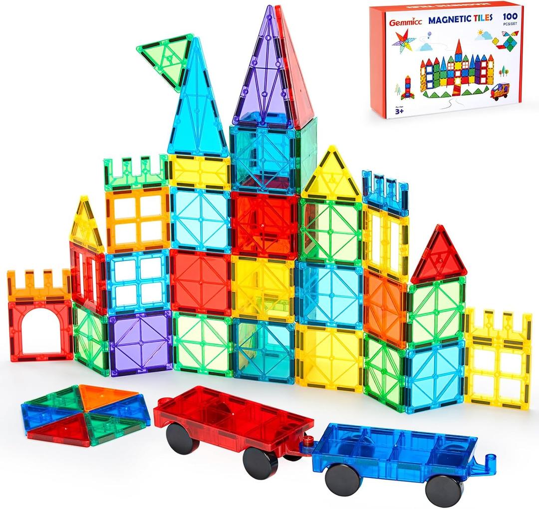 Gemmicc 100 PCS Magnetic Tiles with 2 Cars, STEM Approved Educational Magnet BuildingToys, Magnet Puzzles Stacking Blocks for Boys Girls