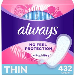 Always Daily Fresh Thin Liners, Regular Absorbency, Unscented Panty Liners, 432 Count (2 Packs of 216)
