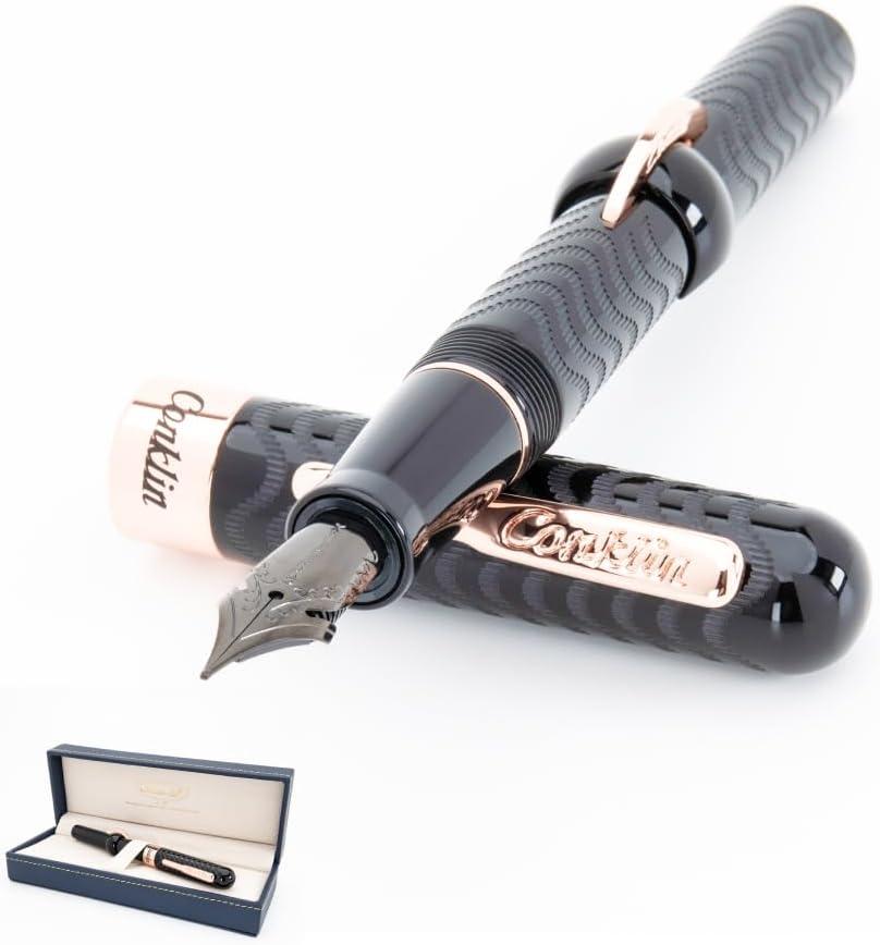Conklin Mark Twain Crescent Filler Fountain Pen - Black Chase with 18 Karat Rose Gold Trim - Flex Nib
