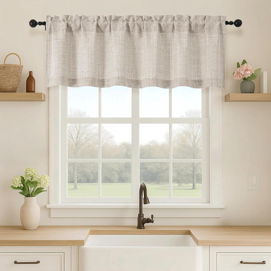 OVZME Valance for Windows, Light Filtering Faux Linen Textured Small Short Valance Kitchen Curtain, Dual Rod Pocket Top Short Window Curtain for Bathroom Basement Farmhouse, 60Wx16L Inch, Linen Color