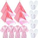 4 Set Girls Sleepover Teepee Tent Kit Inflatable Airbed Bedding Fitted Sheet Pink Satin Kimono Robe Eye Shade Slipper Play Washable Slumber Party Tent for Indoor Outdoor Christmas