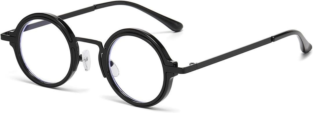 Onrtry Fashion Small Round Blue Light Blocking Glasses for Women Men Metal Frame Eyewear Glasses(Black)