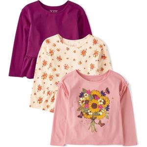 The Children's Place Baby Girls' and Toddler Assorted Long Sleeve Knit Shirts (12-18 Months, Pink Kiss Harvest 3-pack)