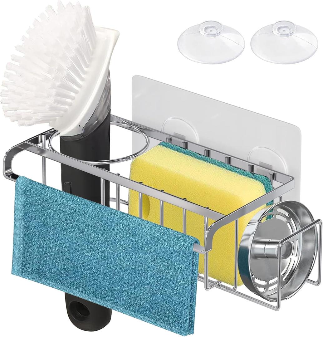 KESOL 4-in-1 Adhesive Sink Caddy: Stainless Steel Sponge Holder with Dishcloth Holder, Brush & Soap Rack, and Drain Stopper, Suction Cup with Strong Adhesives, Kitchen Sink Accessories, Silver