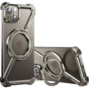 OATSBASF Minimalist Phone Case Compatible with iPhone 15 Plus 6.7", 360 Rotation Kickstand Aluminum Metal Frameless Design Bumper Z Case, Protective Shock Grade Shell, Natural Titanium