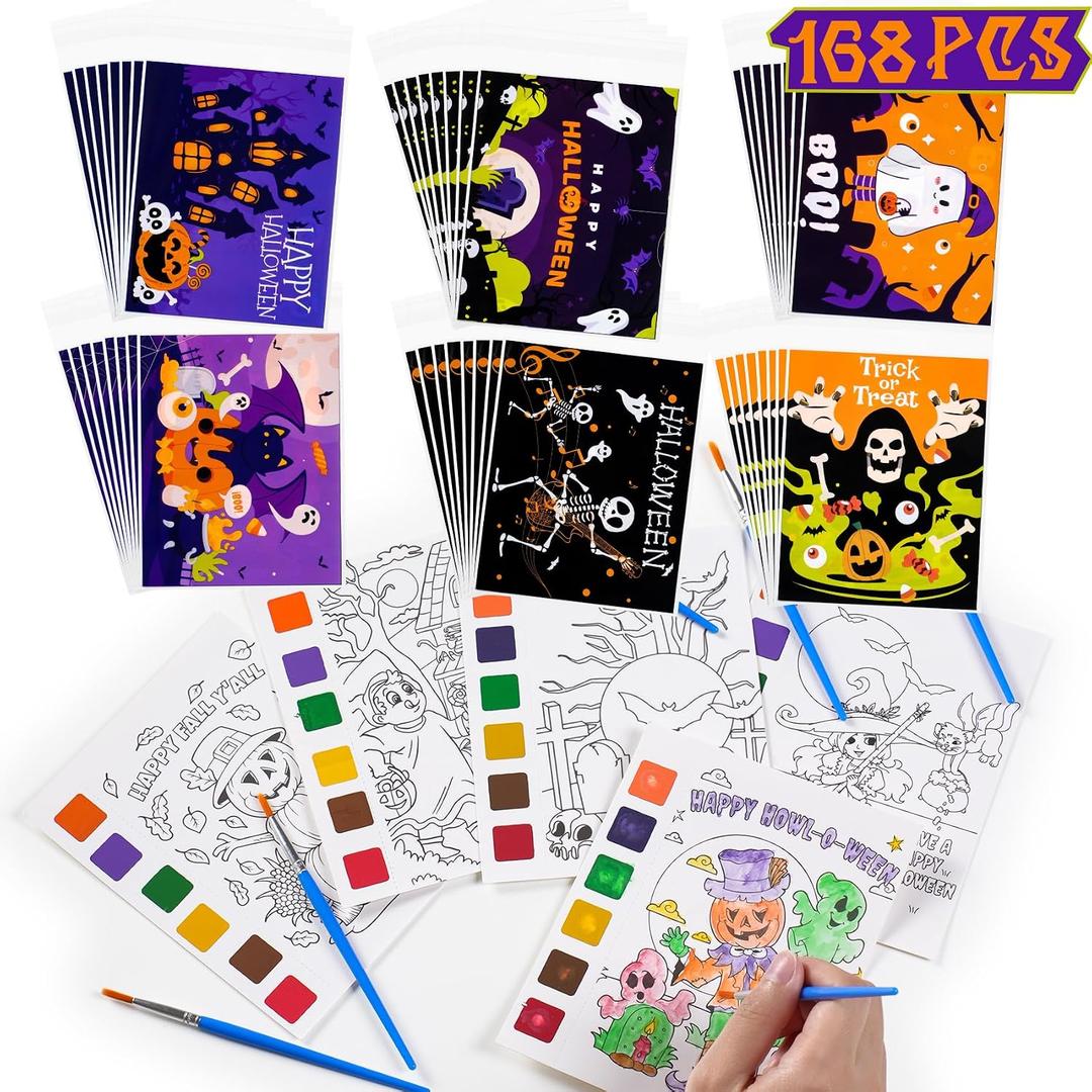 Halloween Party Favors for Kids 24 Pack(168 PCS) Halloween Watercolor Coloring Books with Goodie Bag Classroom Carnival Prizes Non Candy Trick or Treat Toys for Boys Girls Gifts School Party Supplies
