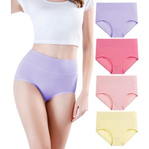 wirarpa Women's Cotton Underwear High Waisted Ladies Panties Full Coverage Briefs 4 Pack (Regular & Plus Size) (Large, Pastel Yellow/Shell Pink/ Quartz Pink/ Lilac - Set 18)