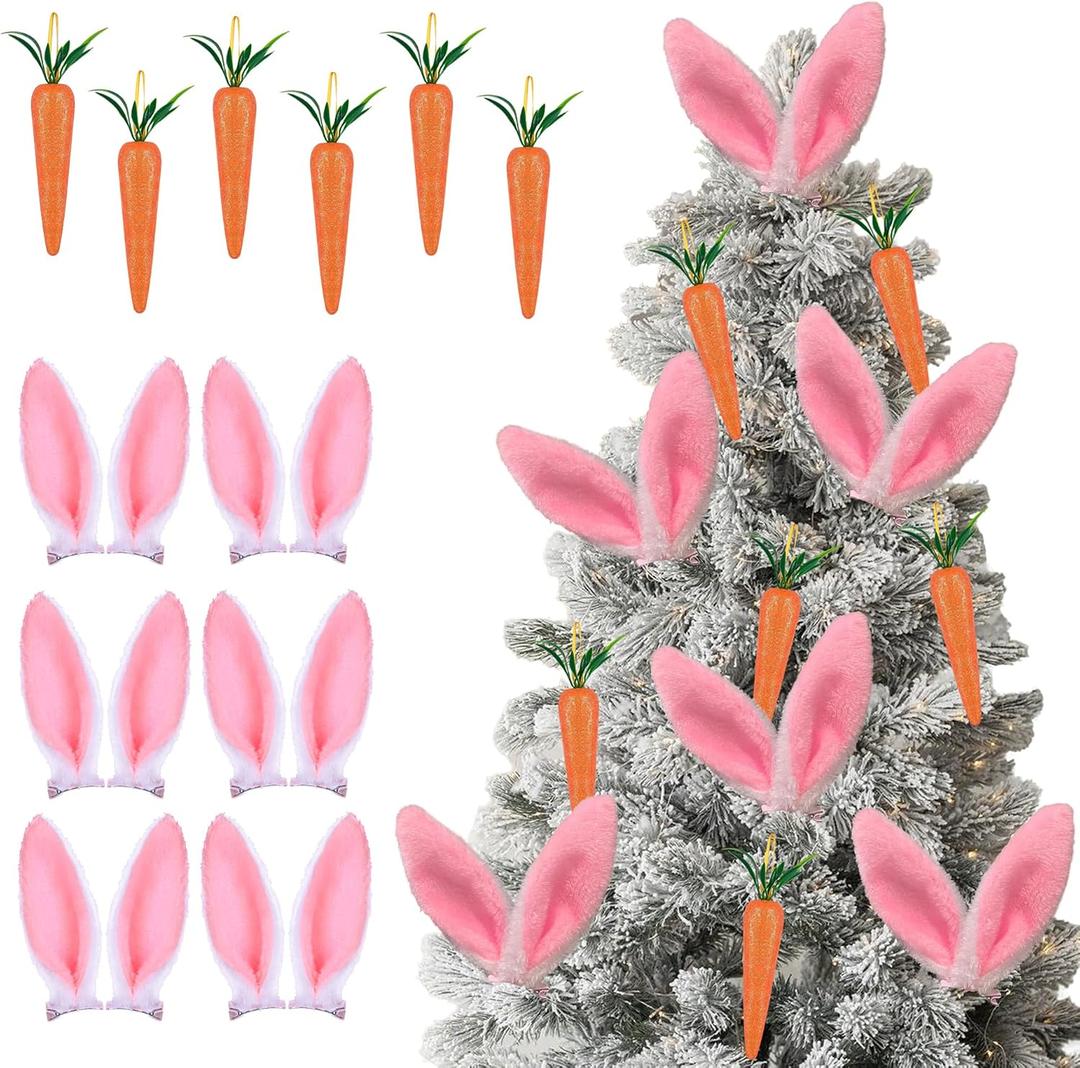 12Pcs Easter Tree Decorations Bunny Ears and Carrots Set - Clip-on Fluffy Pink White Rabbit Ears with Hanging Carrots Ornaments for Easter Spring Party Home Decor