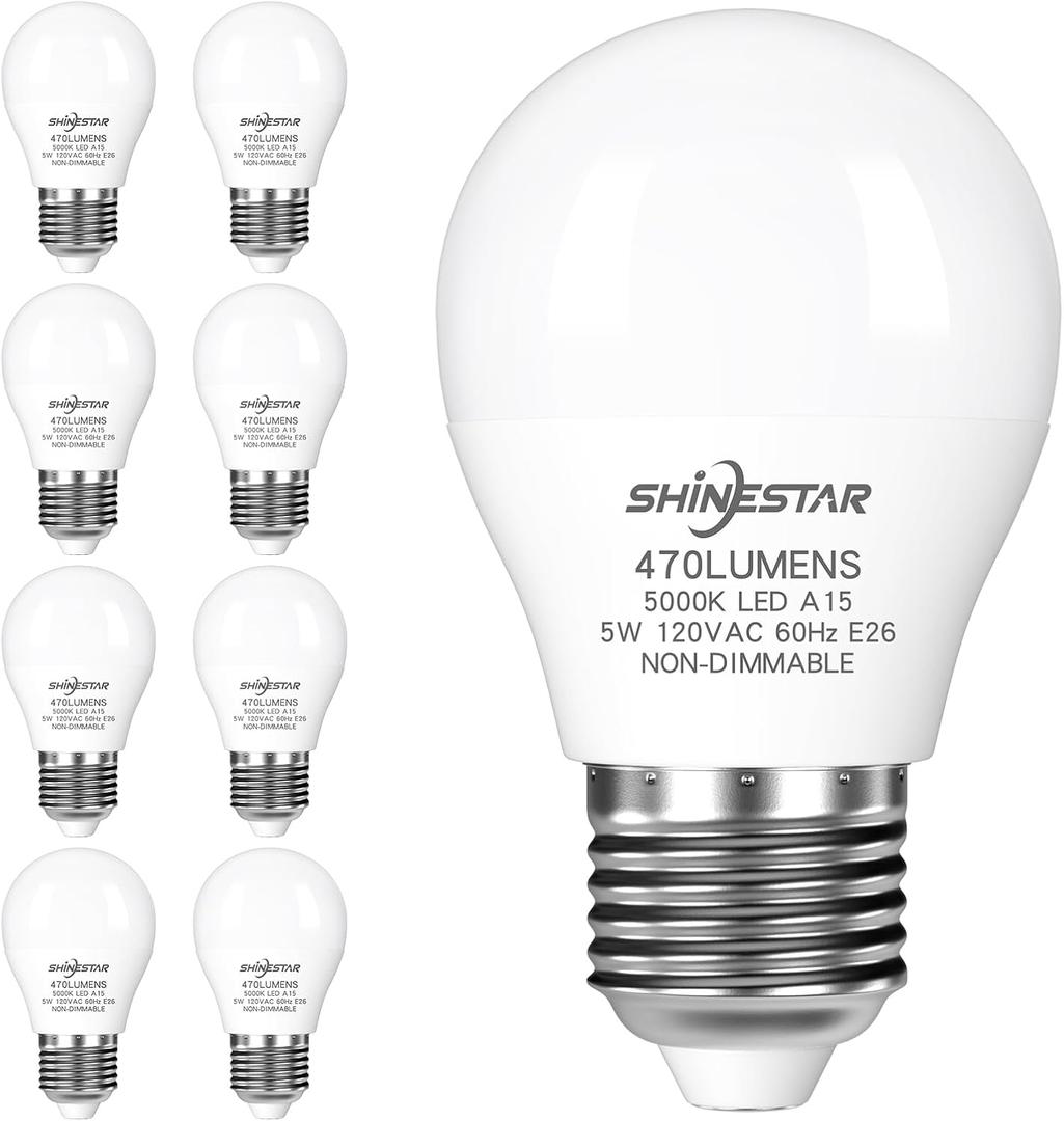 SHINESTAR 8-Pack Ceiling Fan Light Bulbs, 40W Equivalent, 5000K Daylight, A15 LED Bulb with E26 Base, Non-Dimmable (White)