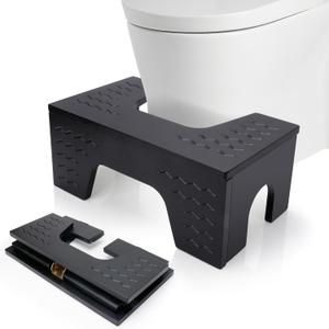 Foldable Toilet Stool Squat, 7" & 9" Adjustable Heights Bamboo Flip Poop Stool for Adults and Kids with Non-Slip Layer - Improve Bathroom Posture and Comfort, No Assembly Required, Black