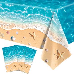 3-Piece 54 x 108 Inch Beach Theme Plastic Tablecloth  Summer Ocean Wave and Seashell Design Disposable Rectangle Table Cover for Pool Parties, Beach Birthdays, and Outdoor Decorations