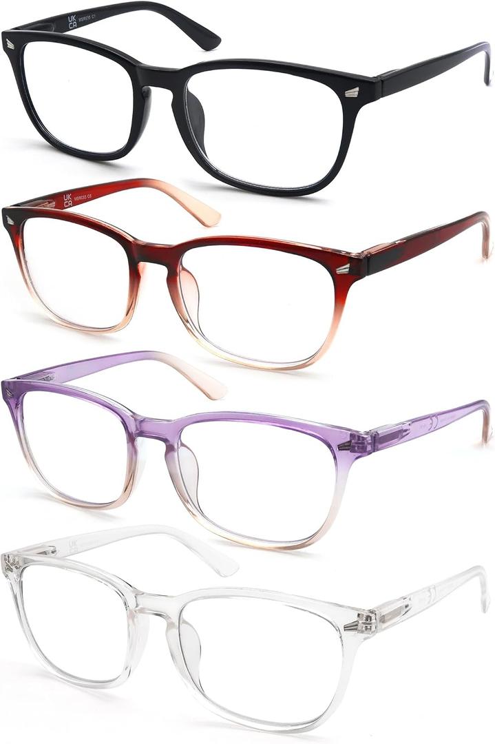 Blue Light Blocking Reading Glasses for Women Stylish Lightweight Square Readers +0.75 Blue Rays Cheaters Glasses 4 Pack w/Spring Hinges Comfortable Fit