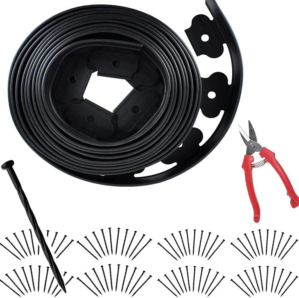 Landscape Edging Kit, Include 80ft Length Black No Digging Garden Edging Coil, 80 Durable Spiral Spikes, Free Garden Pruning Scissors