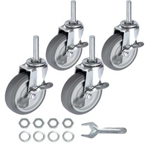 Finnhomy Caster Wheels 3 Inch Set of 4 Heavy Duty Threaded Stem Casters 3/ 8"-16x1-1/ 2" Swivel Rubber Industrial Castors Locking Wheels for Wire Shelving/ Furniture/ Carts Load Bearing 720 Lbs Gray