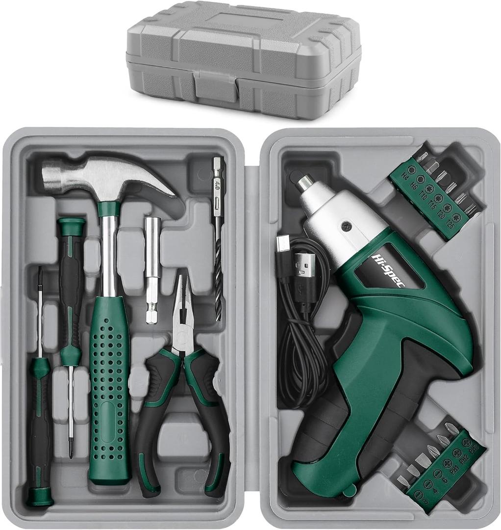 Hi-Spec 3.6V Cordless Electric Screwdriver Set with Interchangeable Bits, Green