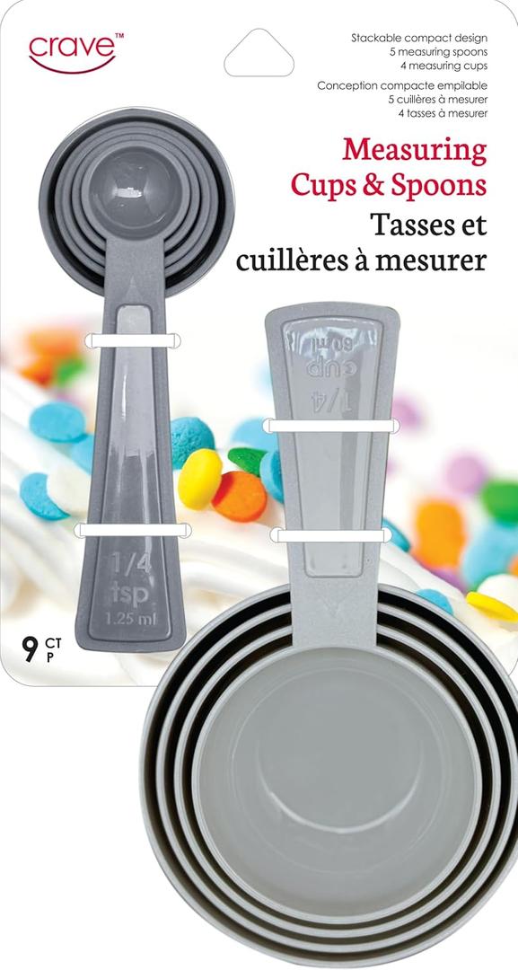 Jacent Measuring Set, 9 Piece, BPA-Free Stackable Cups and Spoons, Gray